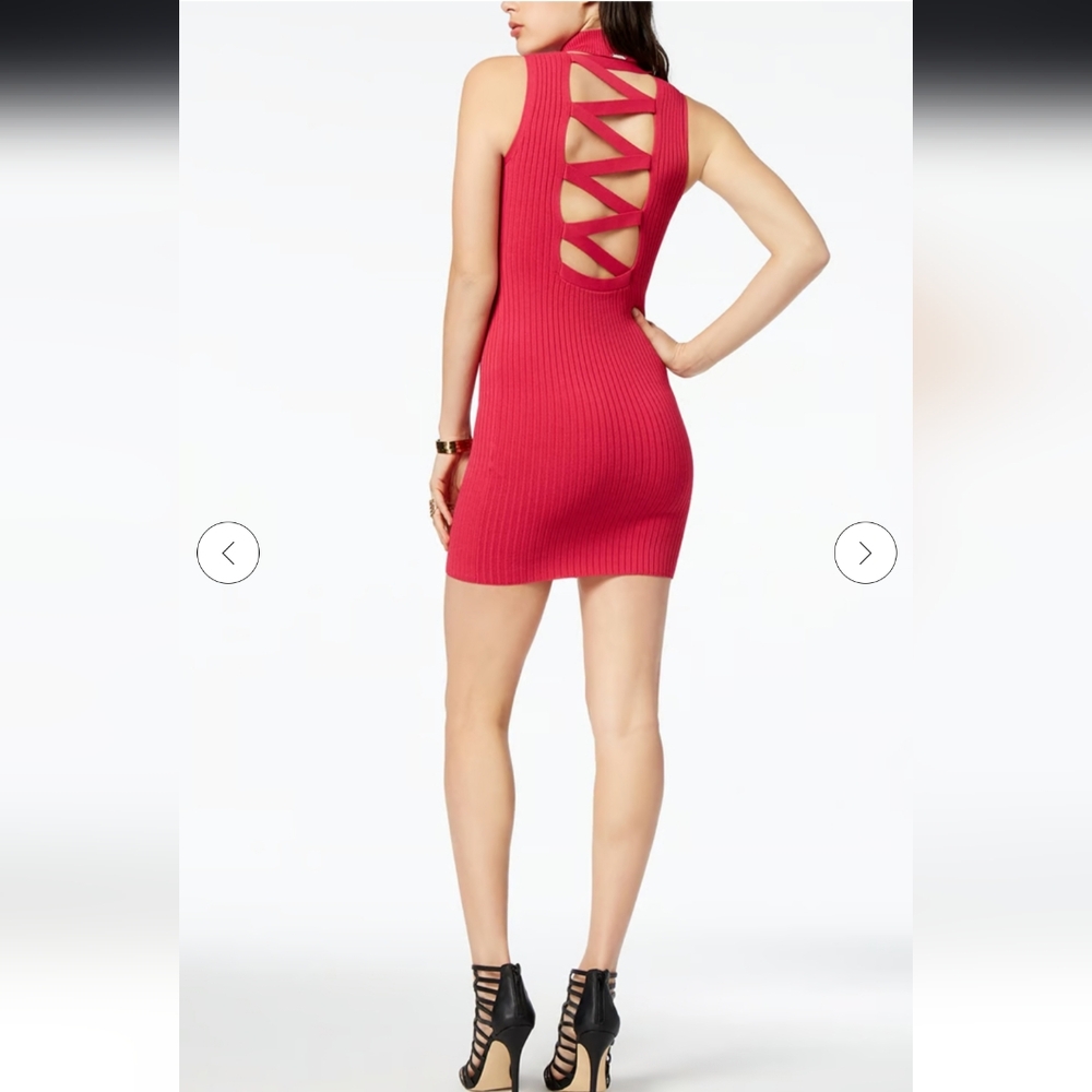 GUESS Fushia Highneck Ribbed Mini Dress